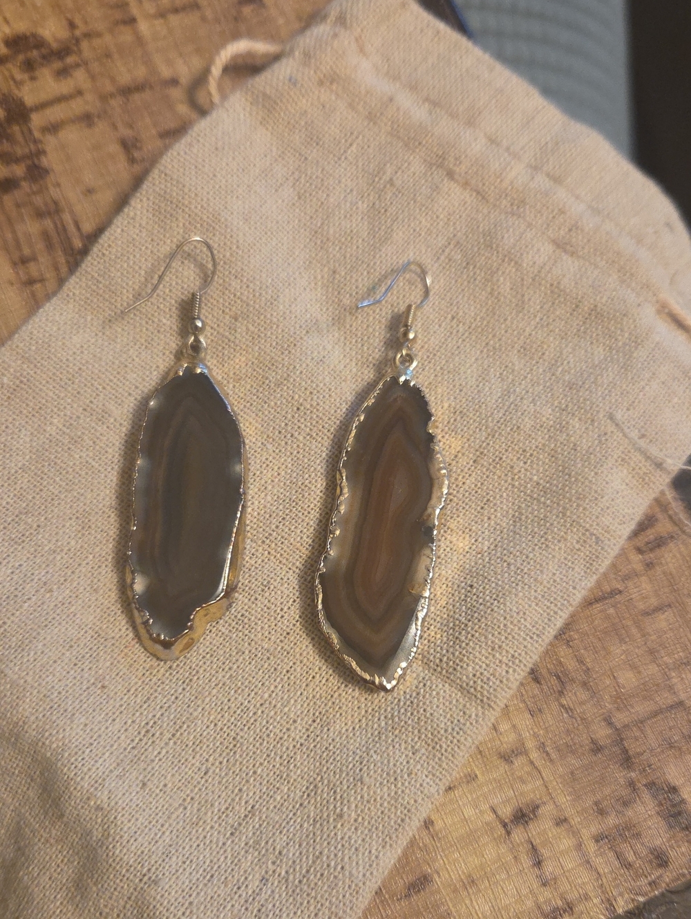 Brown Agate Slice Drop Earrings with Gold Trim